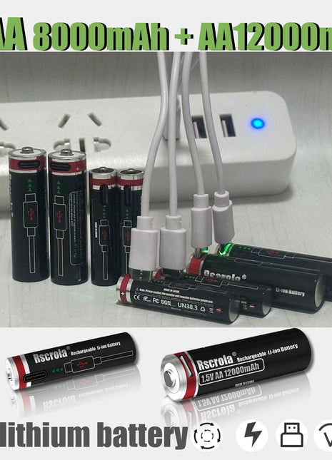 Batterie ricaricabili AA12000mAh AAA 8000mAh ad alta capacità Batterie ricaricabili AA agli ioni di litio Batteria AAA con cavo USB-C - riparo82