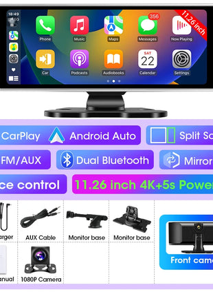 10/11.26 inch Dash Cam 4K Car DVR Wireless Carplay & Android Auto GPS Navigation Video Recorder Dashboard Dual Lens Wifi FM AUX - Riparo82