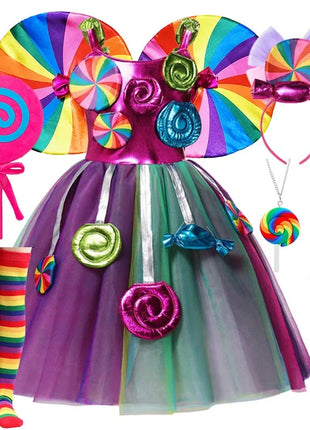 Costume da lecca-lecca arcobaleno per ragazze Abito da principessa Purim Festival Candy Vestido Fantasia Carnevale Compleanno Bambini Fantasia Ali Outfit