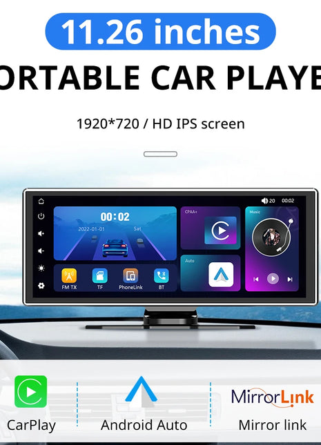 11.26 inch IPS Touch Screen Multimedia Video Player Portable 4K DVR Wireless CarPlay/Android Auto Dual Lens Driving Recorder - Riparo82