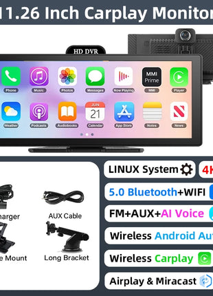 10/11.26 Inch 4K DVR Wireless CarPlay & Android Auto Dash Cam Bluetooth Audio GPS Navigation Dashboard Dual Lens Video Recorder - Riparo82