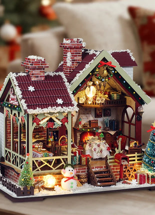 Fai da te in legno caldo Natale Lodge Casa Case delle bambole Kit modello in miniatura Casa delle bambole con mobili Luci a LED per regali di amici
