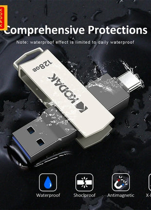 Kodak Type C Pendrive USB 3.2 Chiavetta USB in metallo 128 GB 64 GB 32 GB 256 GB HDD 2 in 1 U-disk per chiavi Smartphone Laptop Desktop