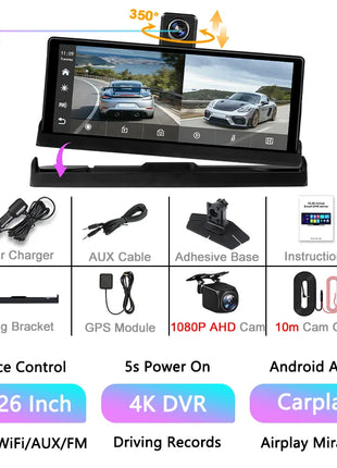 10.26" Carplay Screen Rearview Mirror Dash Cam Android Auto 4K 3840*2160P WIFI BT GPS Navigation Video Recorder Car DVR Camera - Riparo82