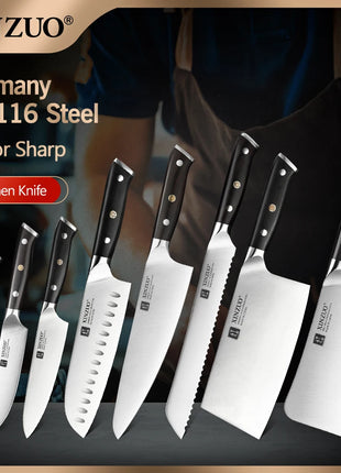 XINZUO Premium Modern 1-8PCS Din 1.4116 Stainless Steel Chef, Santoku, Utility & Paring Knife Set with Black - Riparo82
