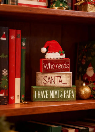 4 pezzi di cappello da Babbo Natale in legno, decorazioni da tavolo, vassoi a più livelli, decorazioni rustiche per il centro del tavolo di Natale con cartelli a blocchi, decorazioni natalizie - riparo82