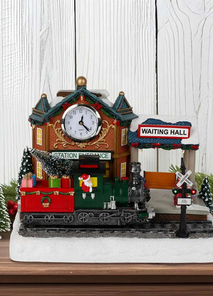 Scena animata del villaggio di Natale con treno e orologio in movimento Luci a LED Musica e stazione ferroviaria Decorazione per interni per edifici natalizi - riparo82