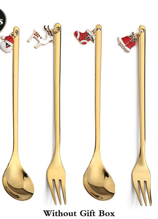 Cucchiaini da caffè e forchette per torte con decorazioni natalizie da 4 pezzi con ornamenti per bambole di Natale, set di posate in metallo dorato, forniture per feste - riparo82