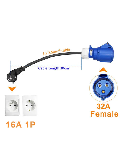 32A Blue CEE Socket to 16A EU Schuko Plug Adapter 7KW to 3.5KW Electric Vehicle Charging Adapter For EV Charger Portable - Riparo82