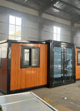 Rivestimento in legno Contenitore Casa Grandi finestre di vetro Cabina modulare prefabbricata Soggiorno all'aperto Casa Vacanza Casa Soggiorno in famiglia Prendisole