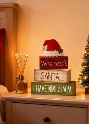 4 pezzi di cappello da Babbo Natale in legno, decorazioni da tavolo, vassoi a più livelli, decorazioni rustiche per il centro del tavolo di Natale con cartelli a blocchi, decorazioni natalizie - riparo82