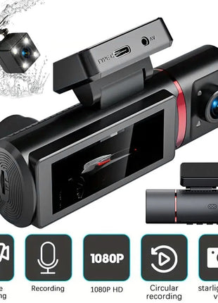 3 Channel Dash Cam, Front and Rear Inside Camera, Dash Camera, 3.16” IPS Screen, Loop Recording, G-Sensor, Night Vision - Riparo82