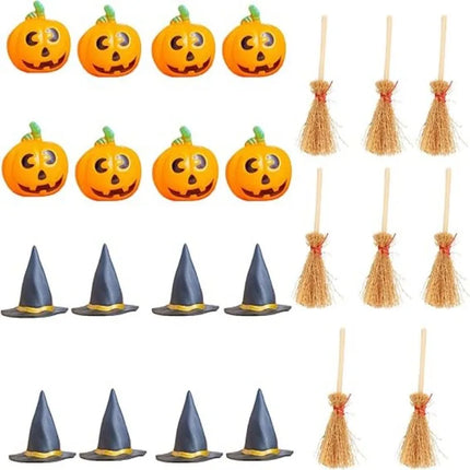 24 Pcs Halloween Mini Witch Hat & Broom Set  8 Witch Hats, 8 Brooms, 8 Pumpkin Heads - Halloween Party Favors, Decoration