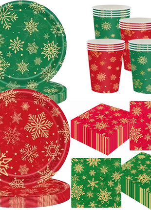 Piatti da tavola usa e getta natalizi Tovaglioli Tazze Fiocco di neve Piatto da dessert rosso verde per cena per forniture per feste invernali di buon Natale - riparo82