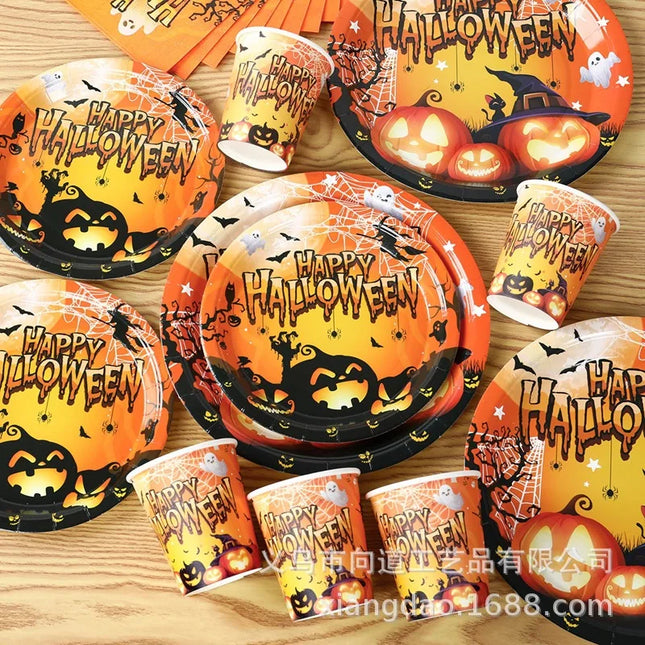 Halloween Theme Party Tableware Set Pumpkin Witch Ghost Dinnerware Paper Plates Cups Napkin Happy Halloween Party Supplies Decor