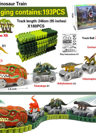 I giocattoli del treno dei dinosauri creano un set da gioco flessibile da corsa su strada del mondo dei dinosauri, auto da corsa dei giocattoli dei dinosauri per le ragazze dei vecchi