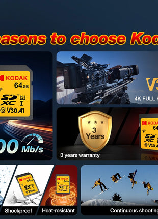 KODAK Scheda SD originale ad alta velocità 256G 128G 64G 32G Scheda di memoria SD SDXC V30 per fotocamera 4K HD per auto DV SLR