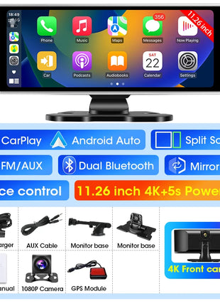 11.26 inch Dash Cam 4K Car DVR Wireless Carplay & Android Auto GPS Navigation Video Recorder Dashboard Dual Lens Wifi FM AUX - Riparo82