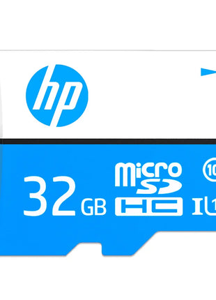 Scheda microSD HP 32GB blu e bianca, classe 10, su sfondo neutro, elettronica riparo82