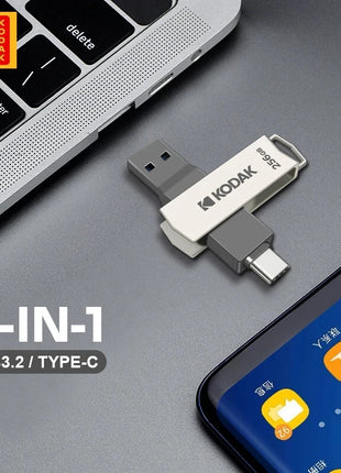 Kodak Type C Pendrive USB 3.2 Chiavetta USB in metallo 128 GB 64 GB 32 GB 256 GB HDD 2 in 1 U-disk per chiavi Smartphone Laptop Desktop