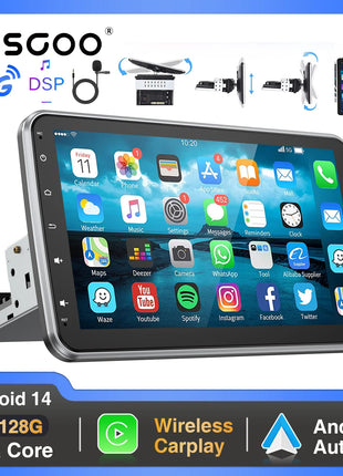 ESSGOO 10.1 Inch 8 Core 6G+128G Carplay 4G Android 14 Car Radio 1 DIN Rotatable Screen GPS NAVI AM DSP USB Wifi with Microphone - Riparo82