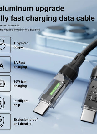 Kodak 60W PD nylon trasparente con cavo dati di tipo C a ricarica rapida leggero Cavo di ricarica rapida Apple Samsung Xiaomi