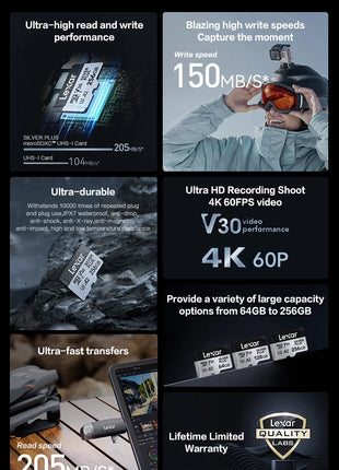 Scheda di memoria Lexar SILVER PLUS 64 GB 128 GB 256 GB Velocità di lettura fino a 205 MB/s A2 V30 4K UHD TF 1366x Scheda Micro SD professionale