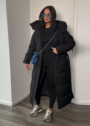 Cappotto lungo in cotone con cappuccio trapuntato imbottito da donna caldo Colletto alla coreana solido allentato Cappotti con cerniera con lacci 2025 Capispalla invernale da donna