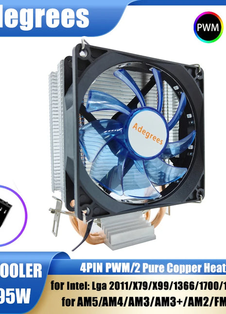 CPU Cooler 2 tubi di calore in rame puro 3PIN/4PIN PWM ventola di raffreddamento luce blu per LGA 775 1150 1155 1200 1700 X79 X99 2011 AM3 AM4 - Riparo82