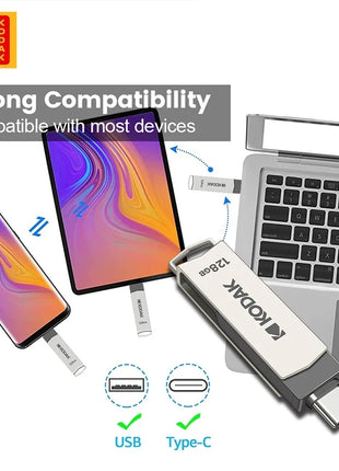 Kodak Type C Pendrive USB 3.2 Chiavetta USB in metallo 128 GB 64 GB 32 GB 256 GB HDD 2 in 1 U-disk per chiavi Smartphone Laptop Desktop