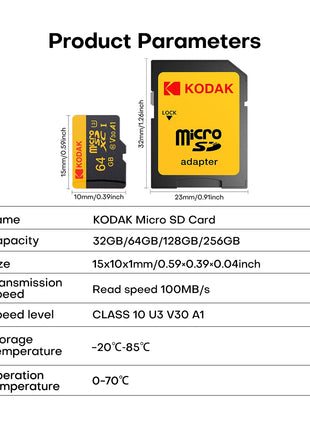 Kodak 256GB Scheda Micro SD Scheda di Memoria Classe 10 32GB 64GB 128GB U3 4K Ad Alta Velocità Cartao De Memoria Memoria Flash TF Mecard C10
