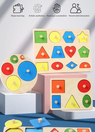 Giocattoli puzzle per bambini Montessori, lavagna per graffiare le mani con forme in legno e colori abbinati, giocattoli cognitivi geometrici per l'educazione precoce - riparo82