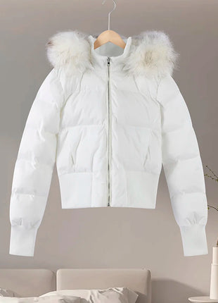Giacca corta chic con tasca con cerniera a maniche lunghe Cappotto trapuntato con cappuccio in pelliccia sintetica da donna di moda 2025 Capispalla imbottito invernale New Lady