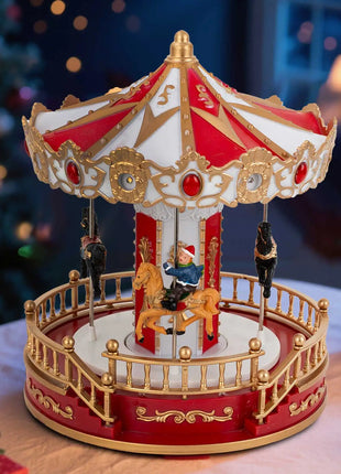 Giostra natalizia animata con luce musicale a LED Collezione di decorazioni per la tavola da interni Accessorio per villaggio per esposizione natalizia domestica