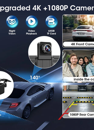 11.26 inch Dash Cam Car DVR 4K Camera Wireless Carplay Android Auto Touch Screen Dual Len Video Recorder Dashboard BT FM AUX GPS - Riparo82