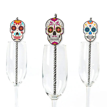 24Pcs Skull Paper Drinking Straw Cocktail Juice Disposable Straws Tableware for Mexican Day of The Dead Halloween Party Decor