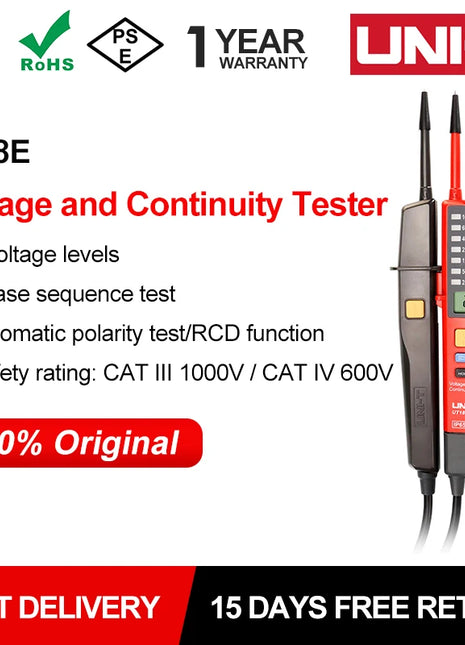 UNI-T Voltage And Continuity Tester UT18E 12V-1000V Digital Voltmeter Phase Sequence Detector Volt Probe Electrician Tool