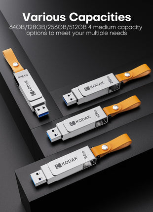 Kodak K133 Chiavetta USB 3.1 64 GB 128 GB 256 GB 512 GB Velocità di lettura 120 MB/s Corpo in metallo Fascia in pelle USB3.1 Pen Drive per PC e HD-TV