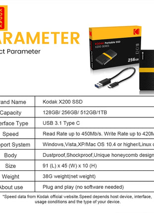Kodak X200 SSD portatile 1TB 512GB 256GB USB 3.1 Tipo C Disco rigido esterno Gen 2 Disco rigido Unità a stato solido per laptop MacBook