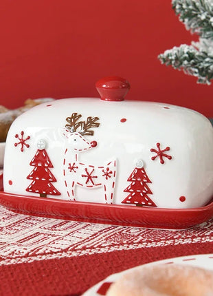 Piatto di burro di Natale Alce in ceramica Babbo Natale Dolci Torta Dessert Piatto Piatti di burro Vassoio di cibo di Natale Vassoio di formaggio Stoviglie - riparo82