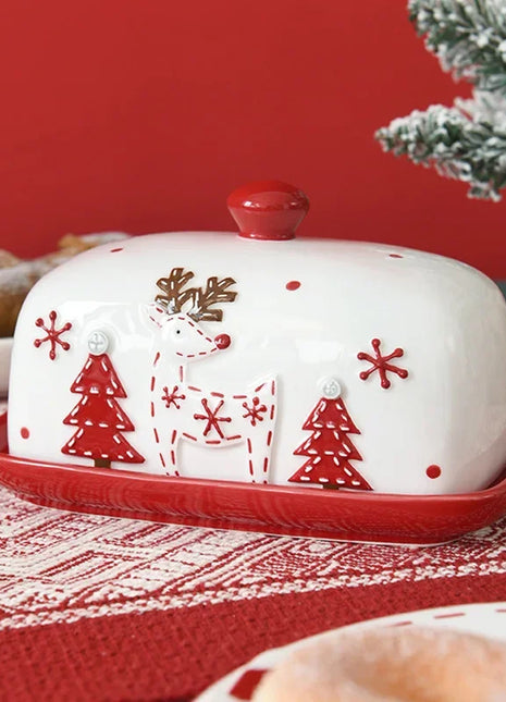 Piatto di burro di Natale Alce in ceramica Babbo Natale Dolci Torta Dessert Piatto Piatti di burro Vassoio di cibo di Natale Vassoio di formaggio Stoviglie - riparo82