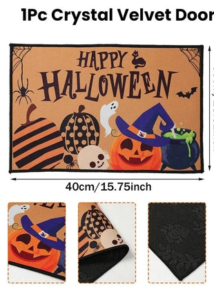 Halloween Crystal Velvet Front Doormat Non Slip Rubber Rug Farmhouse Decor Pumpkin Doormat Trick or Treat Party Supplies - Riparo82