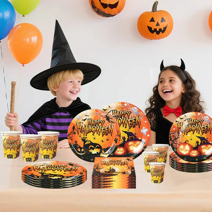 Halloween Theme Party Tableware Set Pumpkin Witch Ghost Dinnerware Paper Plates Cups Napkin Happy Halloween Party Supplies Decor