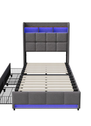 Letto singolo per bambini Superaly 90x200cm, letto imbottito con cassetti, LED e porte di ricarica, testiera con base a doghe