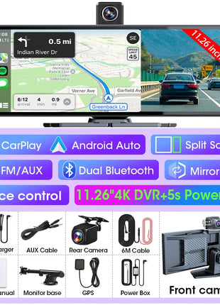 11.26 inch Dash Cam Car DVR 4K Camera Wireless Carplay Android Auto Touch Screen Dual Len Video Recorder Dashboard BT FM AUX GPS - Riparo82