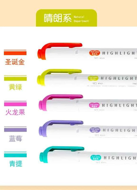 5 Colors Double Headed Highlighter Pen Set Fluorescent Drawing Markers Highlighters Pens Art Japanese Cute Pastel Stationery