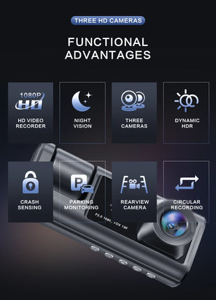 Dash Cam W/ IR Night Vision Loop Recording & 2" IPS Screen 1080P 3 Camera ， DVR recorder, video recorder, Vehicle DVR - Riparo82