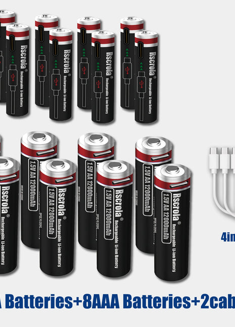 Batterie ricaricabili ad alta capacità AA12000mAh AAA 8000mAh Batterie ricaricabili AA agli ioni di litio Batteria AAA con cavo USB-C - riparo82