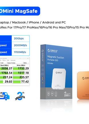 ORICO Mini SSD esterno magnetico per iPhone 16 15 Pro/Max ProRes 2000 MB/s 4K ProRes HDR Registra e memorizza Stato solido portatile