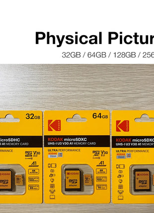 Scheda di memoria Micro SD KODAK 256 GB FINO a 95 MB/s Class10 U3 UHS-I 32 GB 64 GB 128 GB Scheda TF 4K HD per adattatore lettore di schede USB microsd